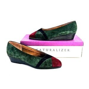 Vtg 90s Naturalizer Womens 7.5C Wedge Slip-On Suede Colorblock Blue Green Maroon